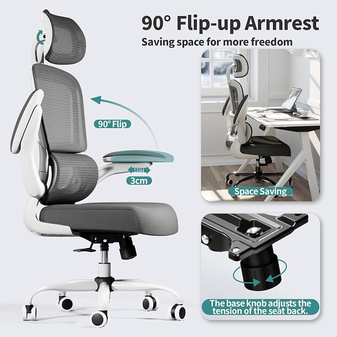 TRALT Office Chair Ergonomic Desk Chair - Gaming Chair with Lumbar Support (6, White) | 330 LBS Home Office Desk Chairs with Headrest, Reading Chair with Flip-up Armrests, Comfortable Computer Chairs (6, White) - Image 7