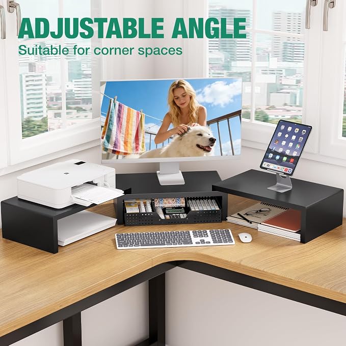 Dual Computer Monitor Stand Riser, Desk Organizer with Drawer, Office Desk Accessories & Workspace Organizers for Home Office Supplies, Black - Image 4