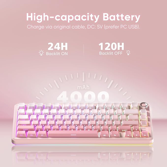 RedThunder K75 Wireless Mechanical Gaming Keyboard, 75% Hot Swappable Creamy Keyboard with Knob, RGB Backlit, Pre-lubed Switches, Side Engraved PBT Keycaps, Wireless/Wired/BT5.0, Gradient Sakura Pink - Image 7