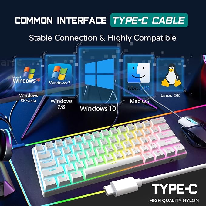 RK ROYAL KLUDGE RK61 Wired 60% Mechanical Gaming Keyboard, Compact PC Game Keyboards with QMK/VIA Programmable RGB Backlit, Hot Swappable Custom Keyboard for Win/Mac, Pre-lubed Red Switch, White - Image 7