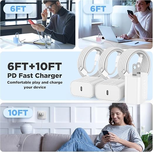 20W USB C Fast Charging for iPhone 17 Air/16/15 Pro Max,3Pack Colorful Mixed Charger Block with Braided Long USB C to C Cables (6/10ft) Compatible with iPhone16/15 Pro/15 Plus/iPad Pro - Image 6
