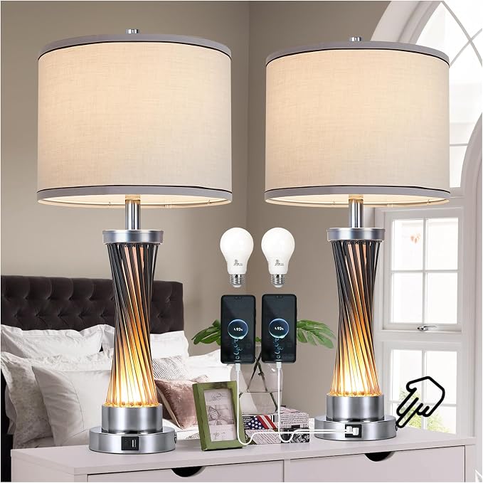 3-Way Dimmable Table Lamp Set of 2,Touch Control Lamp with Night Light,Modern Blue Crystal Table Lamps for Bedroom,Living Room，Bedside Lamps with USB A+C Ports，Fabric Lampshade(Blubs Included) - Image 2
