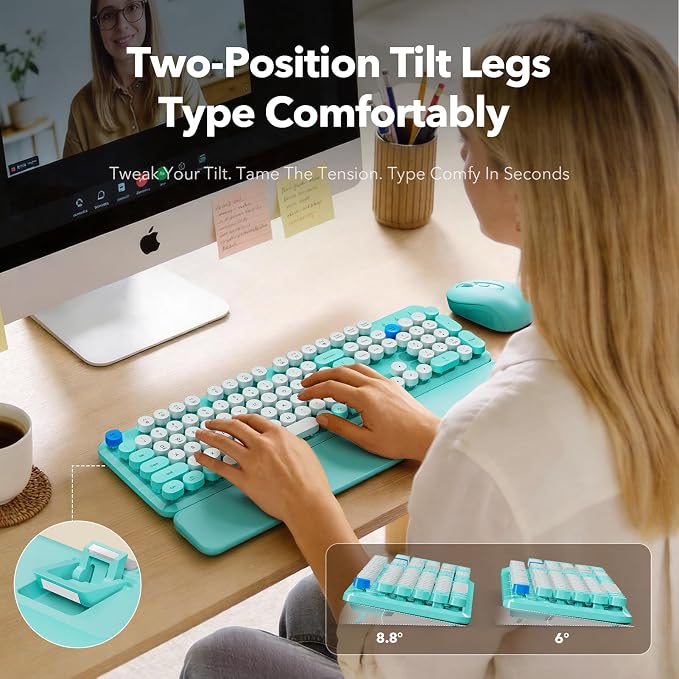 Wireless Keyboard and Mouse Combo, Blue, Round Keycaps, Magnetic Wrist Rest - Image 3