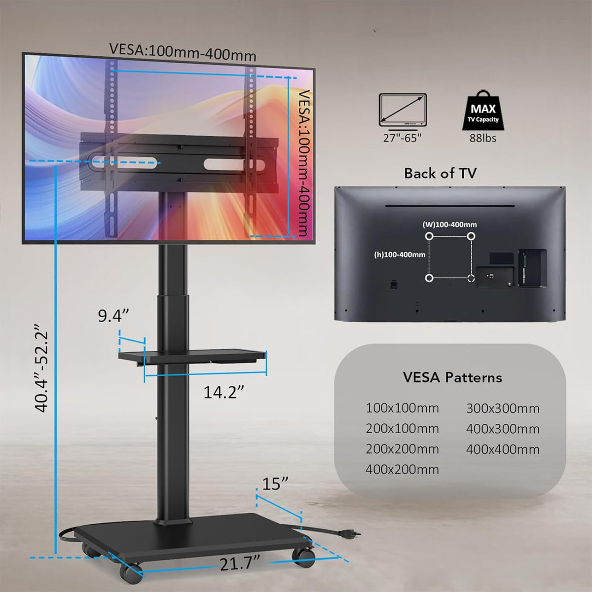 Mobile TV Stand with Power Outlets&Shelf, Floor Portable TV Stand with Wheels for 27-65Inch LCD LED OLED Flat/Curved Panel Screen, Swivel,Height Adjustable&Wood Base, RollingTV Cart Black - Image 8