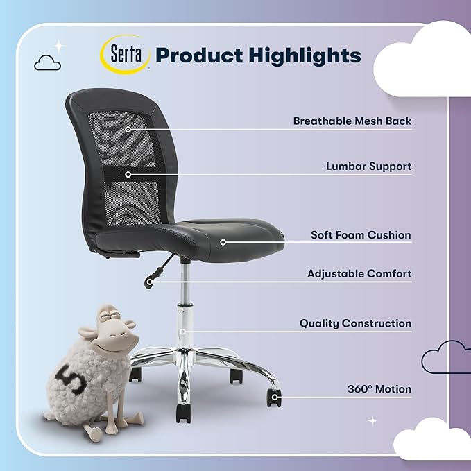 Serta Armless Small Home Desk Chair with Wheels, Ergonomic Mesh Back Chair | Essentials, Leather & Foam Cushion Seat, Adjustable Height, Small Vanity Chair for Bedroom, Small Spaces Desk Chair, Black - Image 4