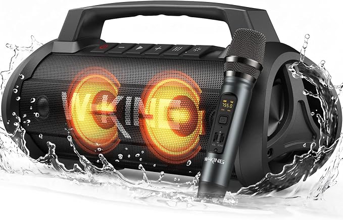 W-KING Portable Bluetooth Speaker with Wireless Microphone, 120W Peak 70W RMS Waterproof Outdoor Bluetooth Speakers, 110dB Loud Bass Up, 42H/BT5.4/DSP/RGB, Stereo Pairing for Camping/Beach Essentials by W-KING