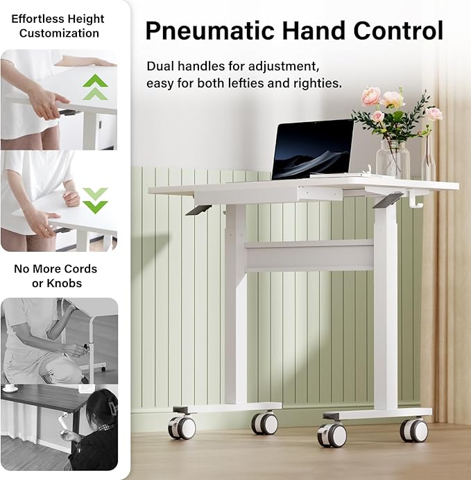 35" Pneumatic Standing Desk for Walking Pad with Wheels Drawer, White | Height Adjustable Rolling Desk, Mobile Computer Workstation with Hook Locking Casters for Treadmill & Home Office - Image 5