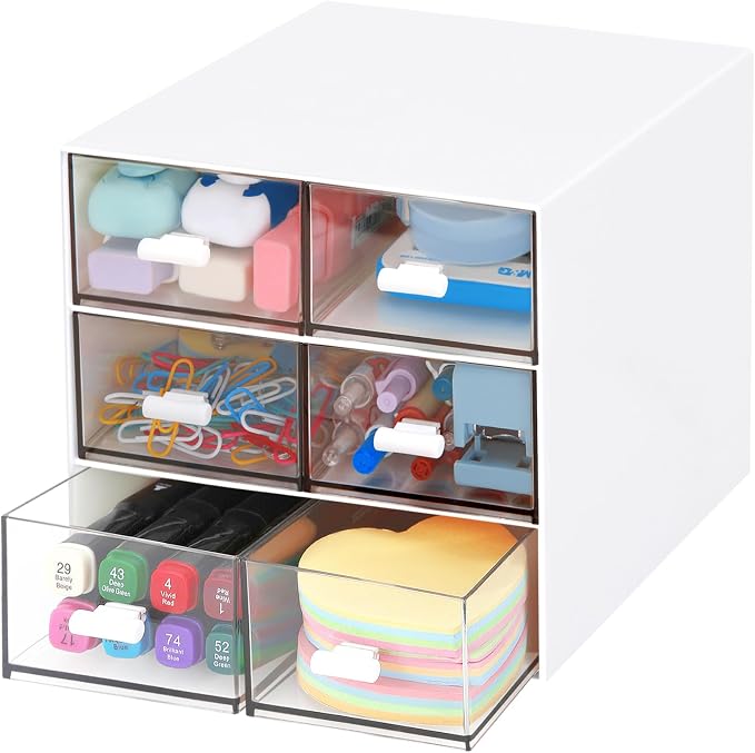 Desk Organizer with 5 Drawers, Rectangular Office Stationery Supplies Desktop Drawers, Plastic Makeup Storage, Suitable for Office, School, Home (White & 6 Drawers) by LETURE