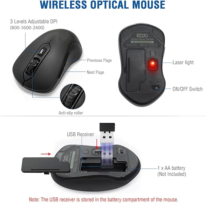 Wireless Keyboard and Mouse Combo, EDJO 2.4G Full-Sized Ergonomic Computer Keyboard with Wrist Rest and 3 Level DPI Adjustable Wireless Mouse for Windows, Mac OS Desktop/Laptop/PC - Image 5