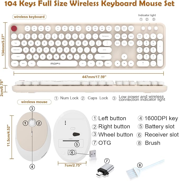Wireless Keyboard Mouse, 104 Keys Cute Colorful Typewriter Creamy White | With OTG & Long Clean Bruch,Compatible With All windows and Type C Computer,1600DPI,Ideal For PC, Home, Office and College - Image 5