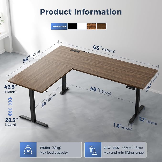 Klicelor L Shaped Standing Desk 63 x 55 Inch,Electric Height Adjustable Corner Desk with Cable Management & Power Outlets, Ergonomic Sit Stand Up Computer Table for Home Office,Dark Walnut - Image 3