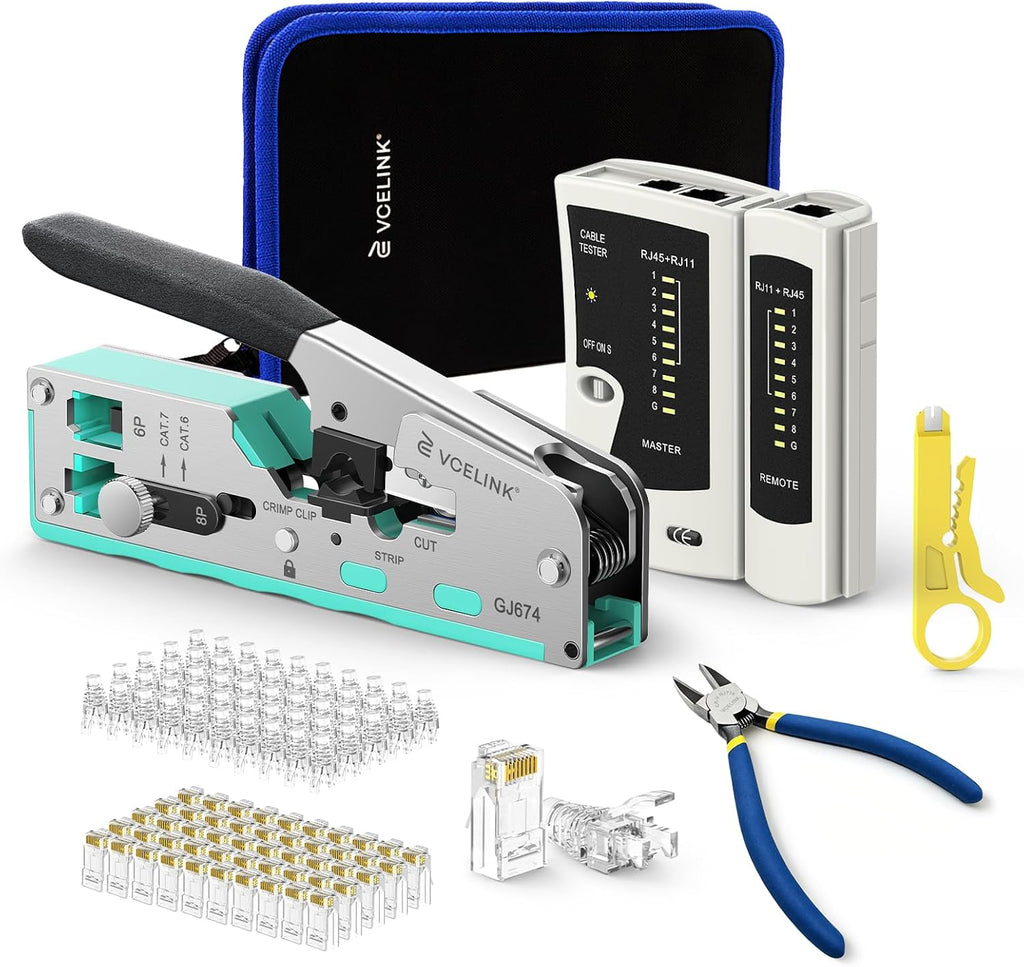 VCELINK RJ45 Crimp Tool Advanced Kit, All-In-One CAT7/6/5 Crimper, Green by VCELINK