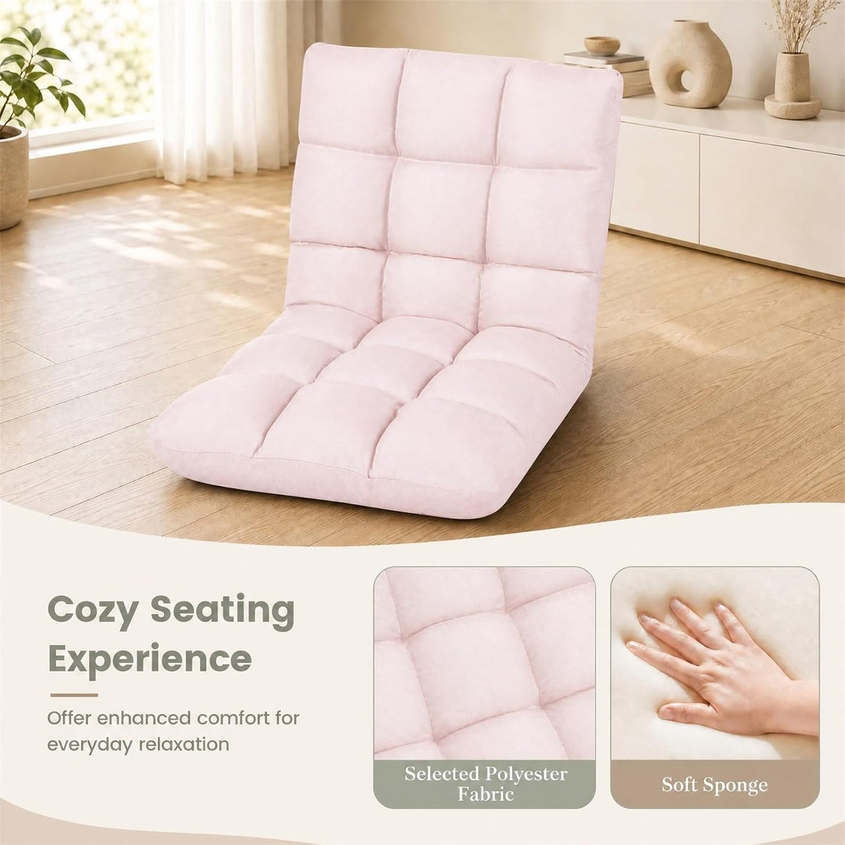 COSTWAY Floor Chair, Folding Gaming Chair with Back Support (Light Pink) - Image 6