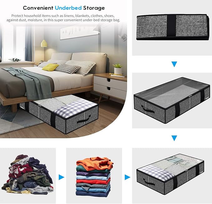 Onlyeasy Underbed Fabric Storage Bags Organizer with 4 Handles, 2 Zippers and Large Clear Window, for Clothes, Blankets, Bedding, Foldable with Sturdy Structure, 2 Pack, Linen-like Black, MXAUBBSS2P - Image 3