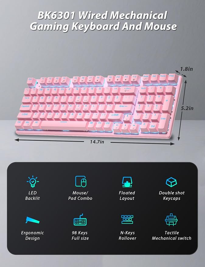 Mechanical Gaming Keyboard and Mouse, LED Backlit 98-Key Floating Keycap & 4 DPI RGB Gaming Mouse with Mouse Pad, Full Anti-Ghost Light Up Wired Computer Keyboards for MAC PC Gamer Accessories, Pink - Image 2