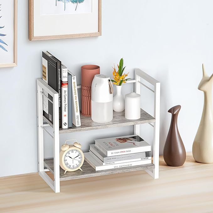 Office Desk Shelf Organizer, Wood Desktop Bookshelf Supplies Storage Rack, Shelf for Top of Desk and Dresser (Grey-2 Tier) - Image 2