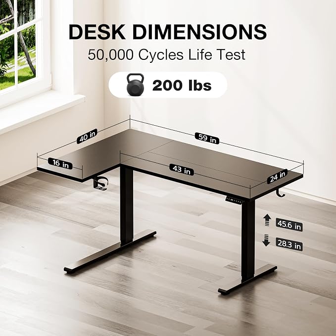 Muvai 59 Inch L Shaped Standing Desk Adjustable Height with Cable Management Tray,Gaming Electric Corner Standing Desk, Sit Stand Computer Table with Reversiable Splice Board, Black - Image 3