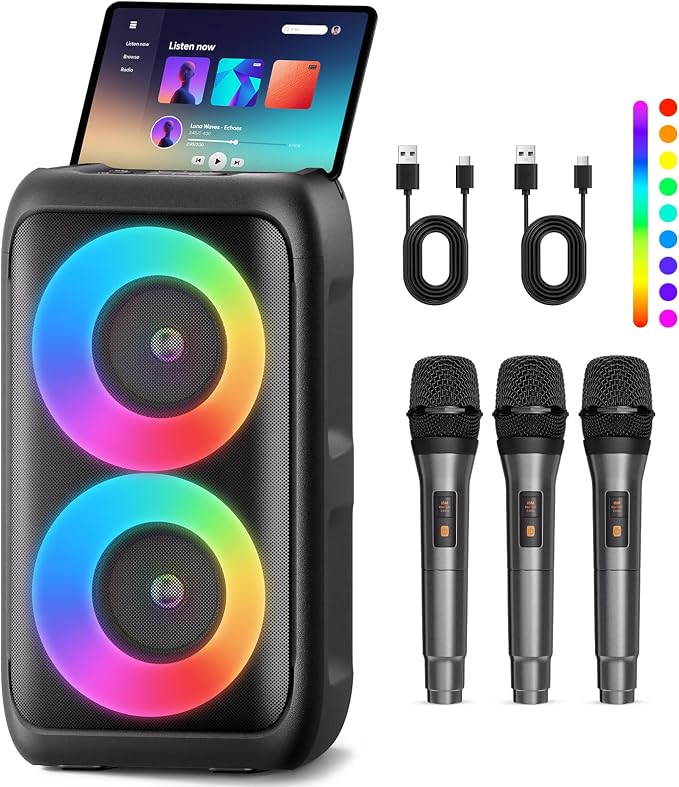 Bluetooth Speaker with 3 Wireless Microphones, Portable Party Speaker for Adults & Kids with Lights, Speakers Bluetooth Wireless, Floorstanding Speakers Support TWS/AUX/USB/TF Card for Home Party Gift by PWBSLAI