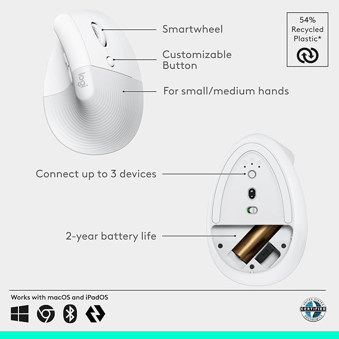 Logitech Lift Vertical Ergonomic Wireless Mouse - Off White | Connect via Bluetooth or included Logi Bolt USB-A receiver, quiet clicks, 4 of 6 buttons customizable, Windows Mac compatible - Image 6