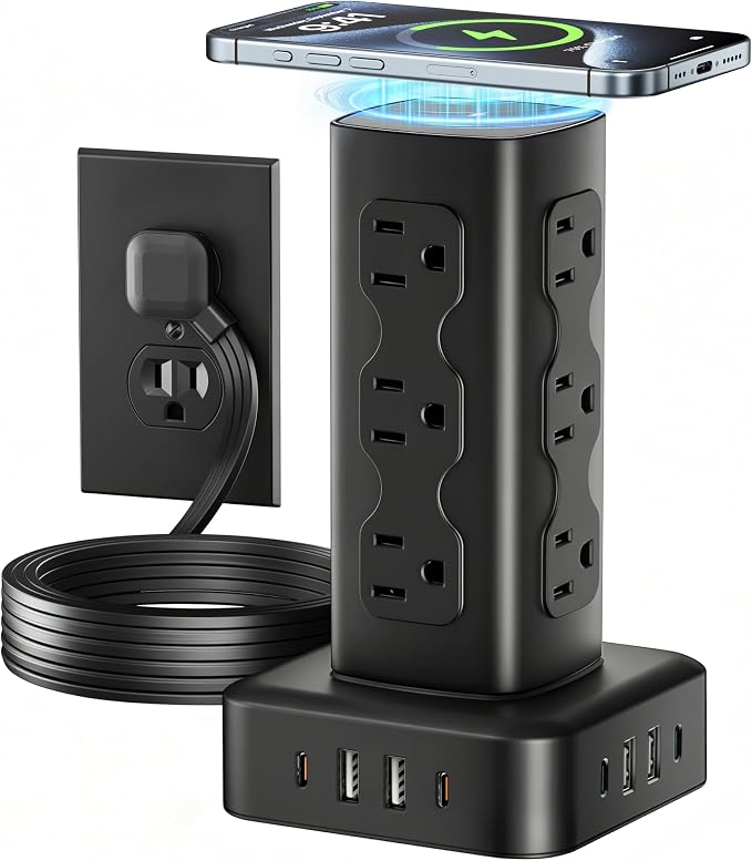PD65W Power Strip Tower with 12 AC Outlets & 8 USB Ports(4 USB C), 6FT Cord | 21-in-1 Flat Plug Charging Station Tower, 6FT Extension Cord for Home Office Dorm, Black by olcorife