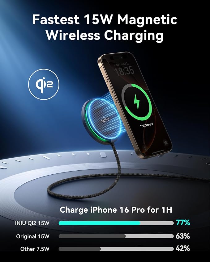 INIU Magnetic Wireless Charger, Qi2 Certified 15W Fast Wireless Charging Pad with Cooling Fan, for iPhone 16 15 14 13 12 Series, AirPods, and More (Adapter Included) - Image 2