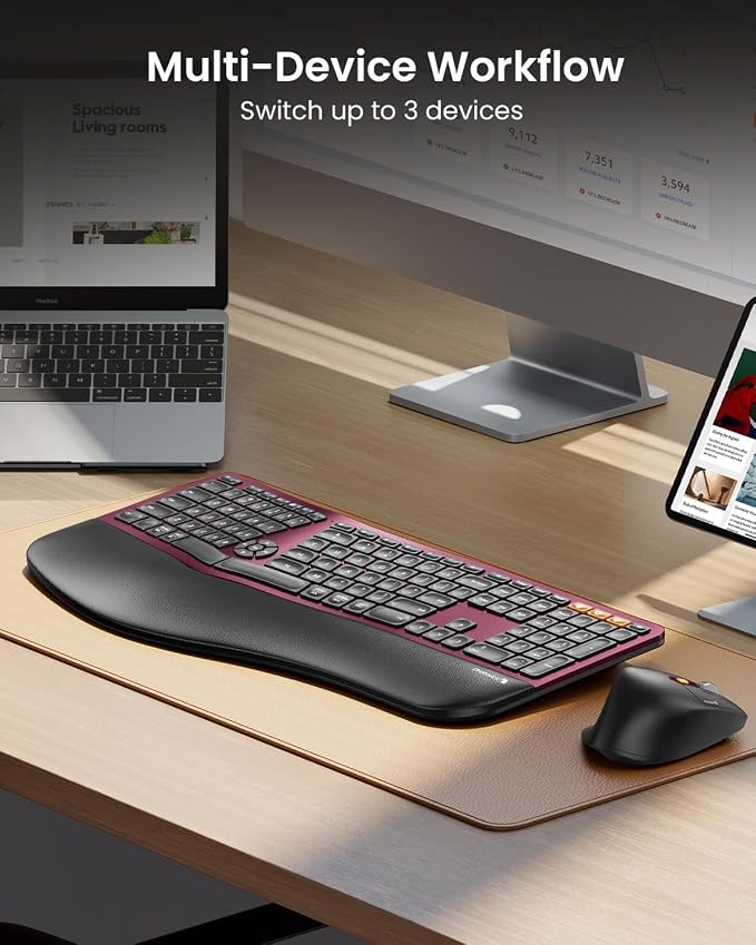 ProtoArc EKM01 Plus Wireless Ergonomic Keyboard Mouse Combo - Wine Red | Full-size Split Keyboard with Cushioned Wrist Rest, Ergonomic Mouse, 3-Device Bluetooth/2.4G, USB-C Rechargeable - Image 6