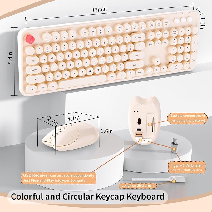 Wireless Keyboard Mouse, MOFII 104 Keys Cute Retro Typewriter Coffee | With OTG & Long Clean Bruch,Compatible With All windows and Type C Computer,1600DPI,Ideal For PC, Home, Office and College - Image 5