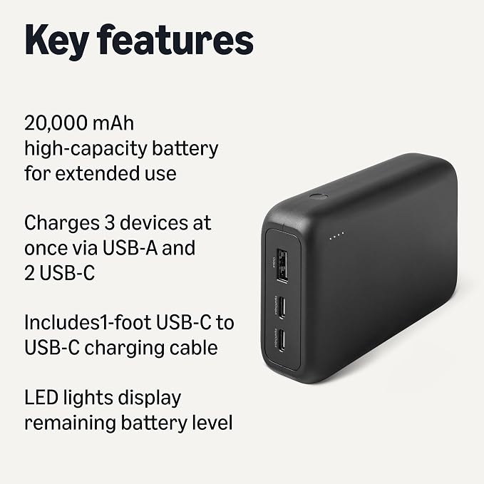 Amazon Basics High-Capacity Portable Charger Power Bank with 3-Port Output, 20,000 mAh, Black - Image 2