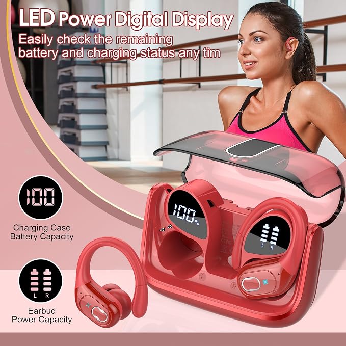 Wireless Earbuds 75H Bluetooth 5.4 Sport Headphones with Earhooks, Red | IPX7 Waterproof In-ear Buds Feature ENC Noise Cancelling Mic & Deep Bass. Stereo Sound Device for Gym Running Workout - Image 6