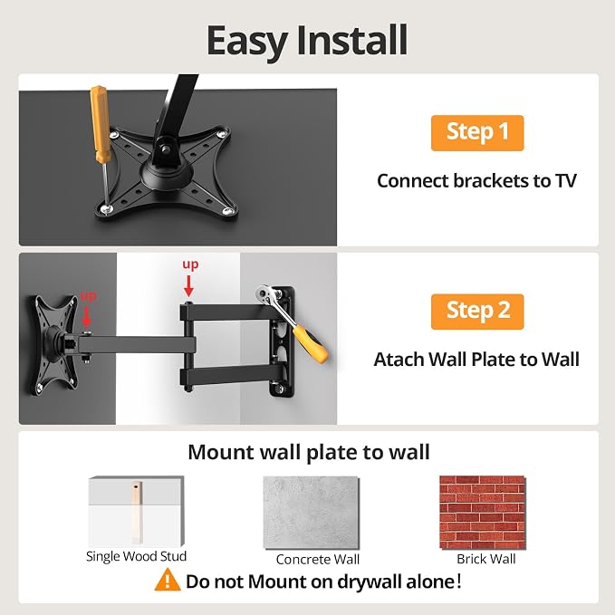 Full Motion TV Monitor Wall Mount Bracket for Most 13-32 Inch LED LCD Flat Curved Screen, Max VESA 100x100mm up to 33lbs, 360° Rotation Swivel Tilt Extension，Adjustable Articulating Arms - Image 9
