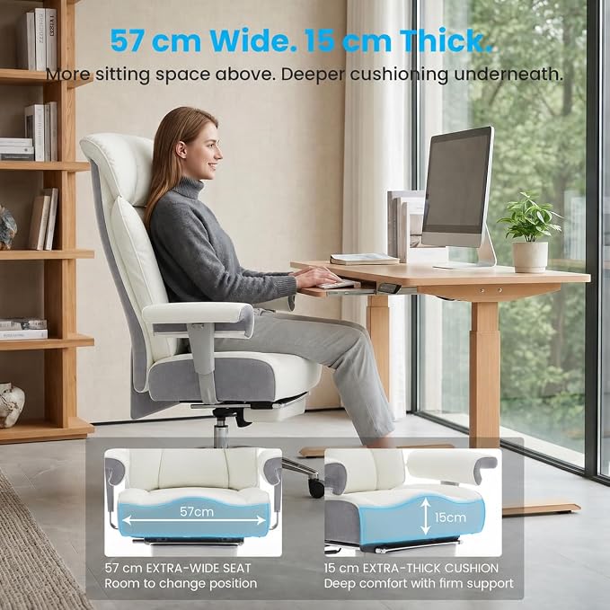 Efomao Big and Tall Executive Office Chair 450lbs,White | 5.9" Thick Pocket Spring Cushion, Reclining Breathable PU Leather Desk Chair with Foot Rest, Soft Comfortable Support - Image 2