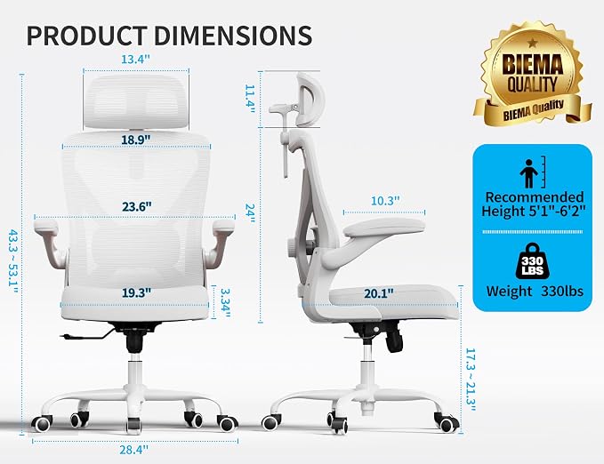Ergonomic Office Chair: Mesh Desk Chair Comfy with Headrest& Lumbar Support | Ergalithic Big and Tall Office Chairs with Wheels & Flip-Up Arms-Computer Gaming Chairs for Adults Home Office Chairs(White) - Image 2