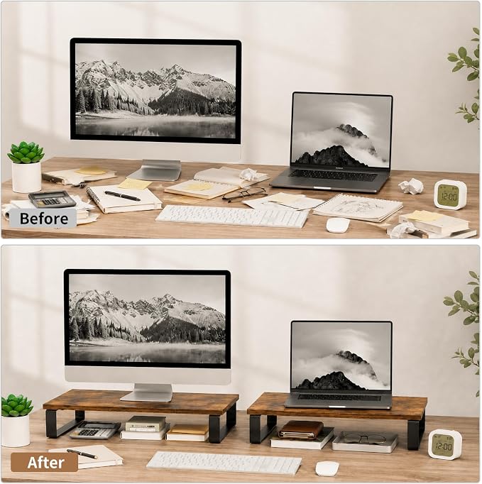 XINYAO 2 Pack Monitor Riser for Desk, Wood and Steel, 16*12*3 inch, Brown | Multi-Purpose Desktop Storage Stand for dual monitor setups, TVs, Laptop, Printer, home office use, or gift giving - Image 5