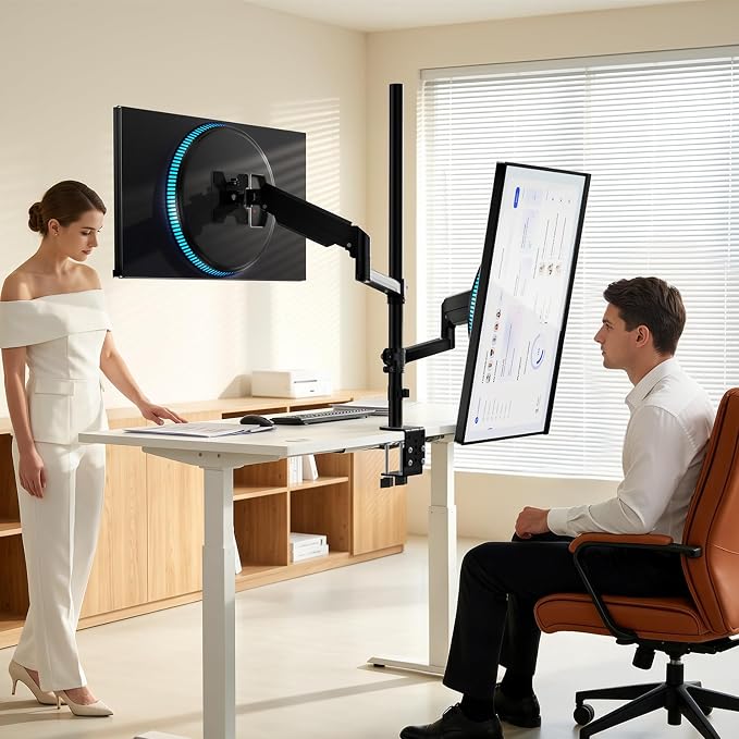 WALI Vertical Dual Monitor Mount for 13-40 inch Curved Screens, up to 22lbs | Stacked Monitor Stand, 31.5 inch Extra Tall Pole, Full Motion with Tilt, Swivel, Rotation, C-Clamp, VESA 75/100mm (GSDM002XL) - Image 2