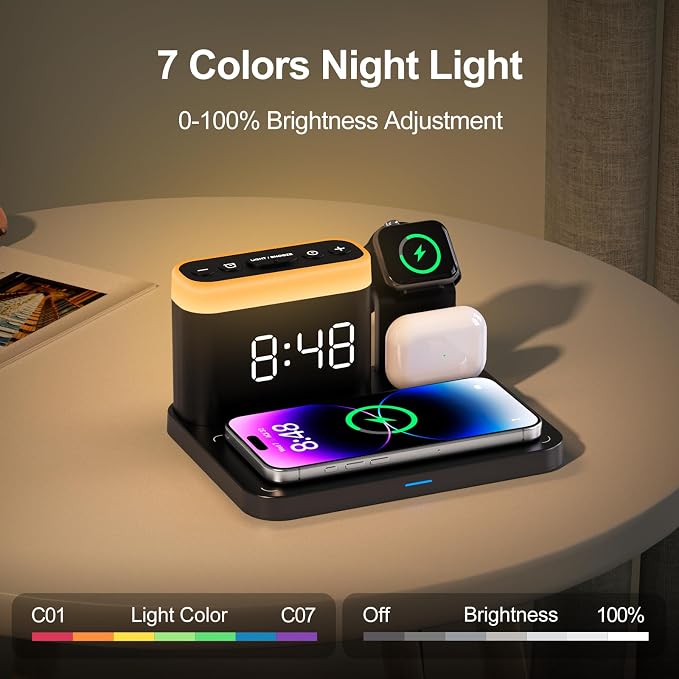 ANJANK Wireless Charging Station,5 in 1 Multiple Charger Stand with Alarm Clock,7 Night Light,Magnetic Charging Dock for iPhone 17 16 15 14 13 12 Pro Max Plus,Apple Watch 11/10/9/8,for Airpods,Bedroom - Image 6
