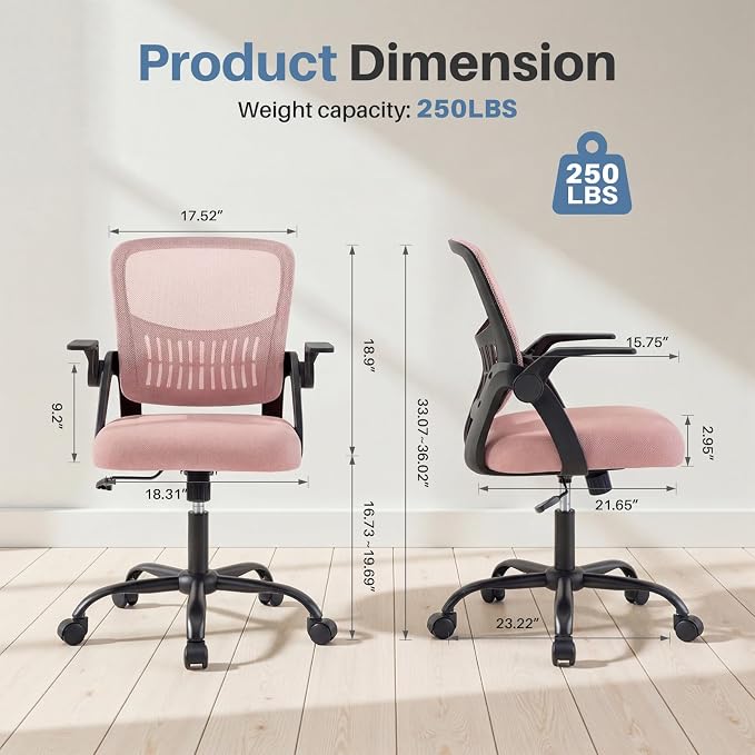 DUMOS Office Desk Chair, Lumbar Support Mesh Home Chair | Ergonomic Computer Mesh, Rocking Mode Flip-up Armrest, Height Adjustable 360 Swivel, Pink - Image 3