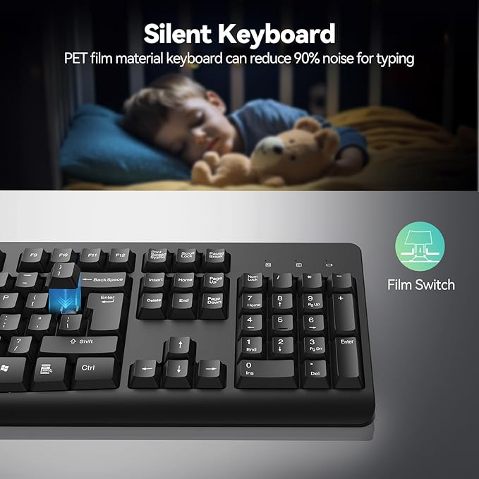 TECKNET Wireless Keyboard, 2.4G Silent Full-Size Keyboard with Number Pad | Ergonomic Keys & Adjustable Feet, Compatible with Laptop, PC, Desktop, Notebook, Windows 11/10/8/7 –Black - Image 4