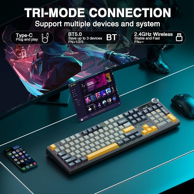 AULA F108 PRO - Wireless Mechanical Keyboard with Screen&Knob,Hot Swappable Gaming Keyboard with 8000mAh Battery,Pre-lubed Switches,RGB Backlit,PBT Keycaps Creamy Sounding Computer Keyboards,104 Keys - Image 4