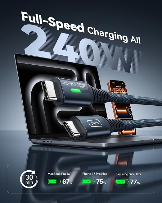 INIU 240W USB C to USB C Cable, [6.6ft+6.6ft] Fast Charging Type C, Blue | Nylon Braided, Fast Charging, LED Indicator, USB-C Data Transfer, for iPhone 17 16 Pro, MacBook Pro, iPad, Samsung S26 etc - Image 2