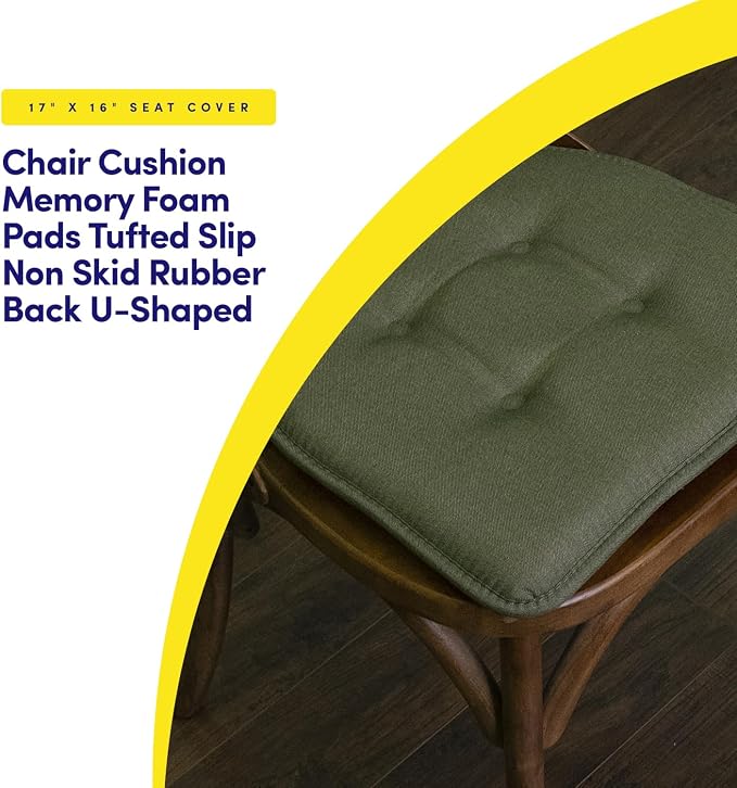 Sweet Home Collection Chair Cushion Memory Foam Pads Tufted Slip Non Skid Rubber Back U-Shaped 17" x 16" Seat Cover, Army Green 6 Count - Image 3