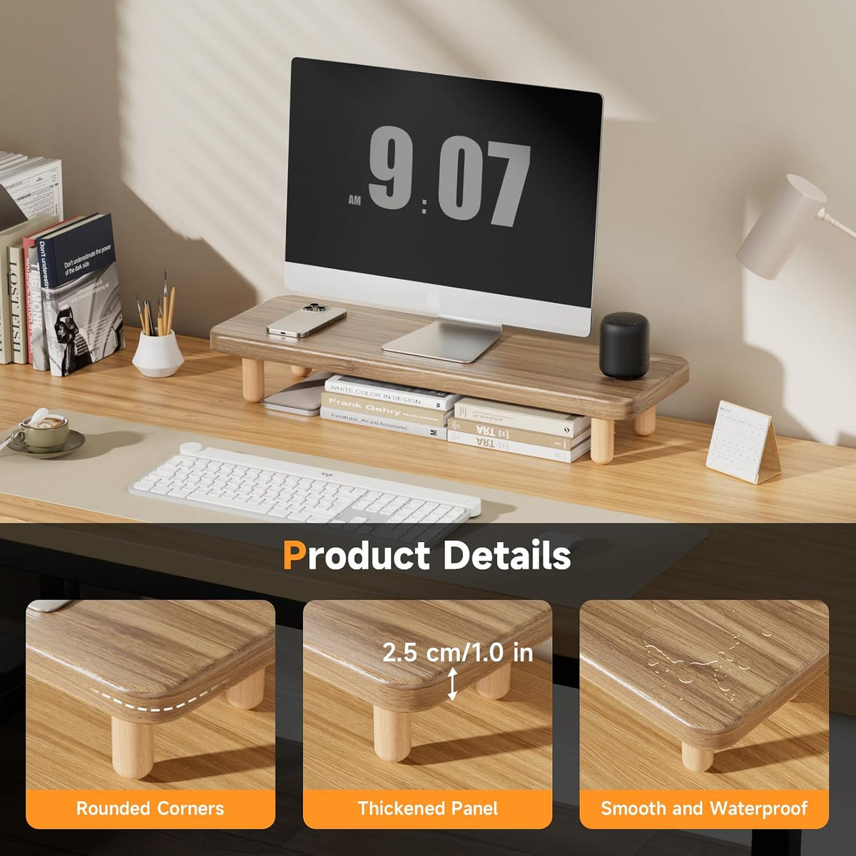 Monitor Stand Riser, 24 Inch Wood Desk Organizer with Monitor Stand & Storage Computer Monitor and Laptop Riser Multifunctional Laptop Stand Desk Organizer for Office Home Screen/Laptop/PC -Light Walnut - Image 2