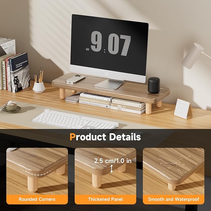 Monitor Stand Riser, 24 Inch Wood Desk Organizer with Monitor Stand & Storage Computer Monitor and Laptop Riser Multifunctional Laptop Stand Desk Organizer for Office Home Screen/Laptop/PC (Light Walnut) - Image 2