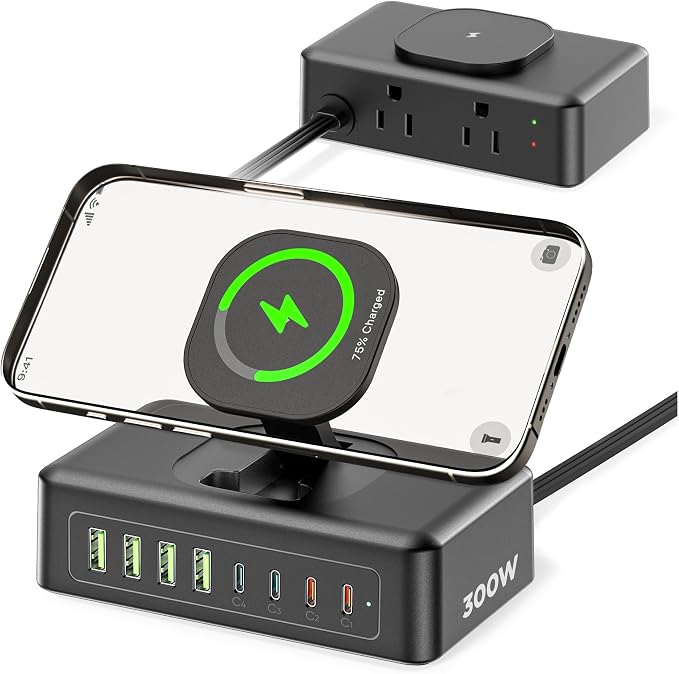 300W USB Charging Station, 11-in-1 USB C Power Strip Surge Protector, 2AC Outlets & 8USB Ports, 5ft Flat Plug Extension Cord with Multiple Devices, Desktop Charger for Home Office Desk Accessories by AcozvinPowerStrip