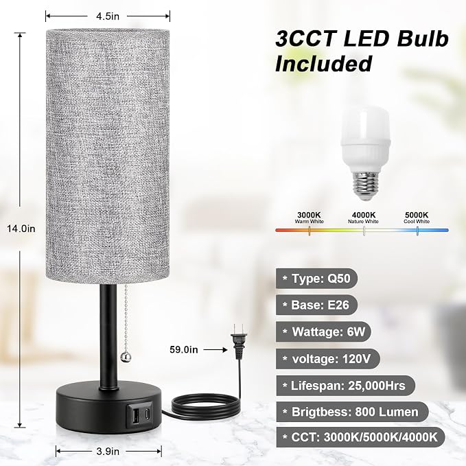 Grey Bedside Lamp for Bedroom Nightstand - Small Table Lamp with USB Ports | USB A+C Ports, 3 Color Temperatures, LED Bulb Included, Grey Fabric Shade, Black Base, 14" Tall Pull Chain Desk Lamp - Image 7