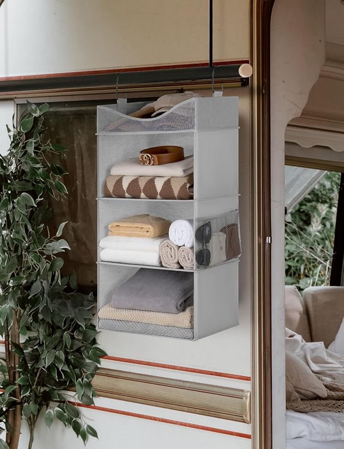 StorageWorks 3-Shelf Hanging Closet Organizer with Half Compartment, Ivory | Add More Storage to Small Closets, a Side Pocket and Half Compartment, Ideal for Bedrooms, Dorms and RVs,Light Grey - Image 8