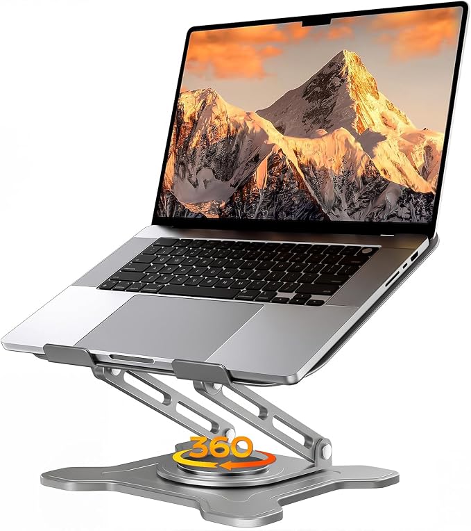 JCZT 360° Rotating Laptop Stand for Desk, Metal Foldable Laptop Riser Gray | Ergonomic Portable Adjustable Laptop Stand, Ventilated Cooling Notebook Holder for MacBook Air Pro, All 10-16'' Laptops by JCZT