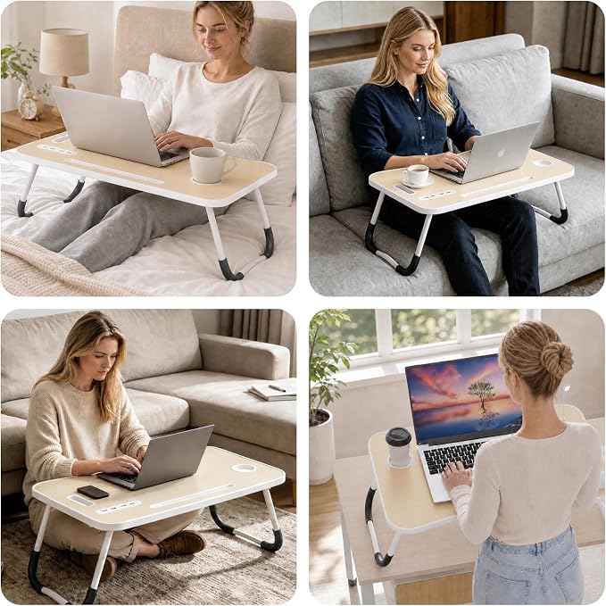 Lap Desk for Laptop Tray, Foldable Laptop Bed Desk with Storage Drawer | Bed Laptop Table for Adults with Light & Cup Holder & USB Ports, Laptop Stand for Couch Writing Reading Eating, Beige - Image 8