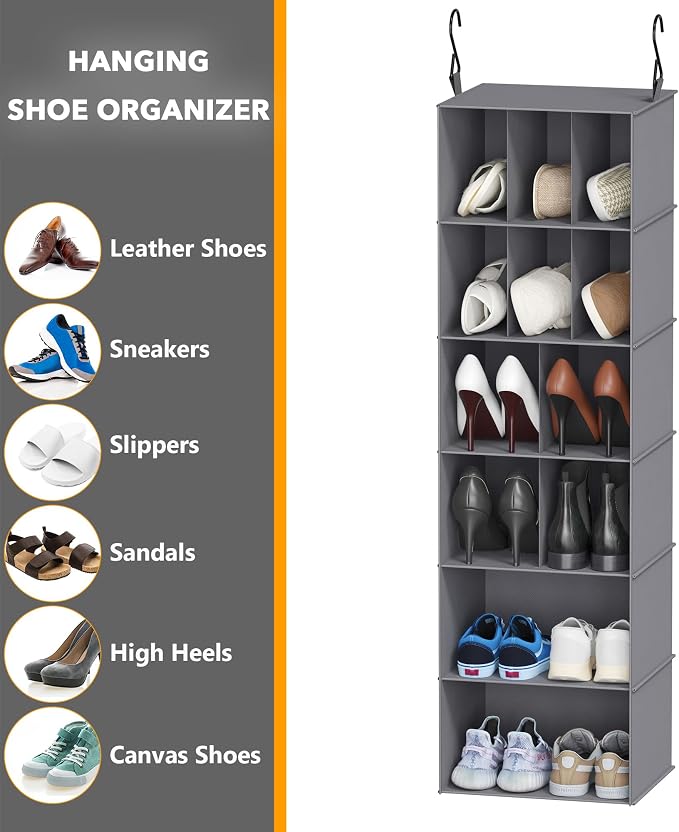SpaceAid 2 Pack Hanging Closet Organizer and Storage with Dividers, 24 Compartments Hanging Shoe Shelves for Closet, Wardrobe, RV, Garment Rack - Grey - Image 6