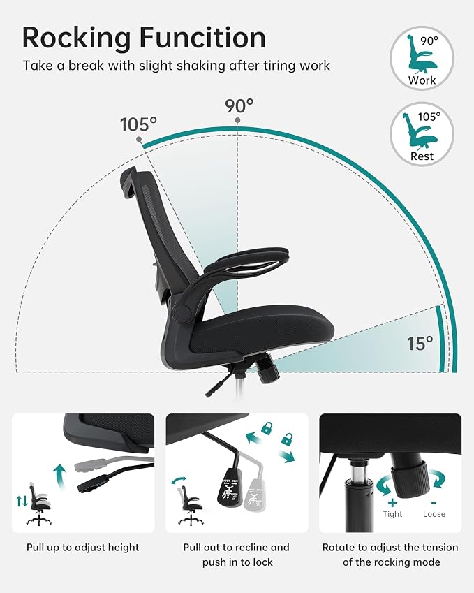 Office Chair, Ergonomic Desk Chair with Adjustable Lumbar Support and Flip up Armrest, Breathable Mesh Computer Chair for Home Office, Black - Image 6