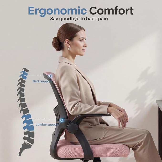 DUMOS Office Desk Chair, Lumbar Support Mesh Home Chair | Ergonomic Computer Mesh, Rocking Mode Flip-up Armrest, Height Adjustable 360 Swivel, Pink - Image 4